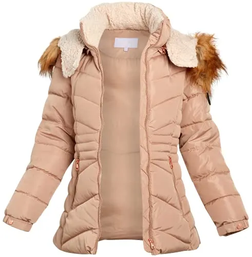 Madden Girl Women’s Winter Coat - Quilted Bubble Puffer Parka Jacket, Sherpa Hood (S-1X), Size L, Tan