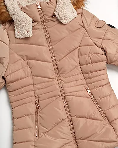 Madden Girl Women’s Winter Coat - Quilted Bubble Puffer Parka Jacket, Sherpa Hood (S-1X), Size L, Tan
