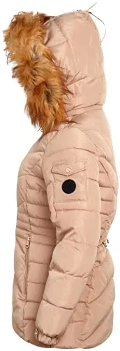Madden Girl Women’s Winter Coat - Quilted Bubble Puffer Parka Jacket, Sherpa Hood (S-1X), Size L, Tan