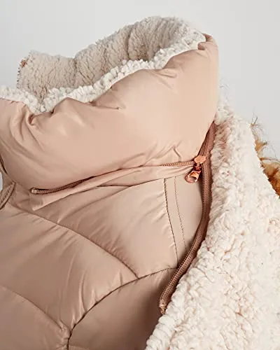 Madden Girl Women’s Winter Coat - Quilted Bubble Puffer Parka Jacket, Sherpa Hood (S-1X), Size L, Tan