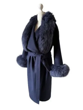 Navy Wrap Elegant Women coat, Long Belted Feminine Overcoat Trim Fox Fur, Woolen blend Coat Wrap