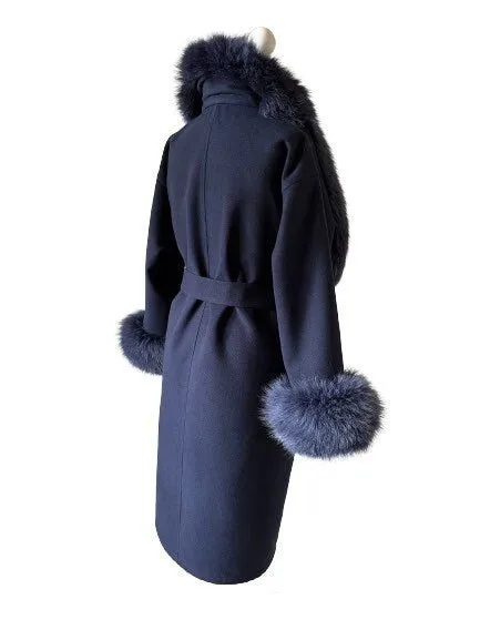 Navy Wrap Elegant Women coat, Long Belted Feminine Overcoat Trim Fox Fur, Woolen blend Coat Wrap