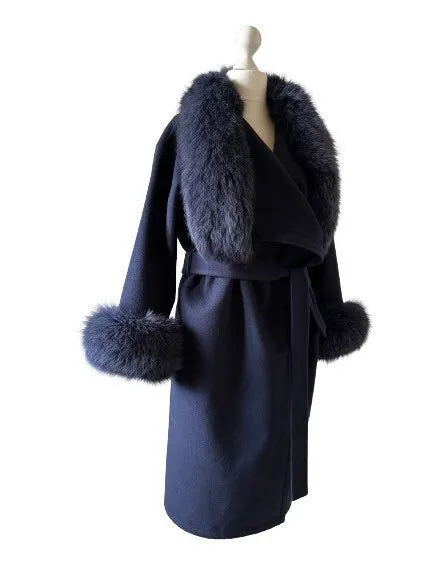 Navy Wrap Elegant Women coat, Long Belted Feminine Overcoat Trim Fox Fur, Woolen blend Coat Wrap