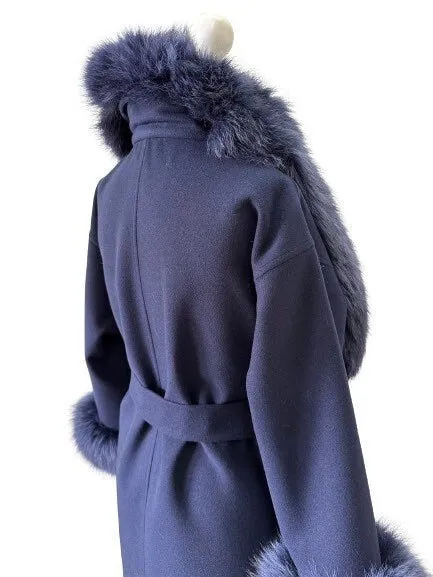 Navy Wrap Elegant Women coat, Long Belted Feminine Overcoat Trim Fox Fur, Woolen blend Coat Wrap