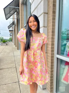 Pink Floral Puff Sleeve Babydoll Dress