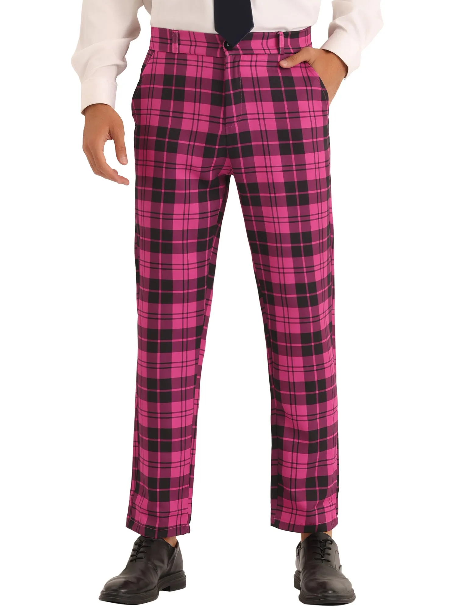 Plaid Dress Pants for Men's Slim Fit Flat Front Business Checked Suit Trousers
