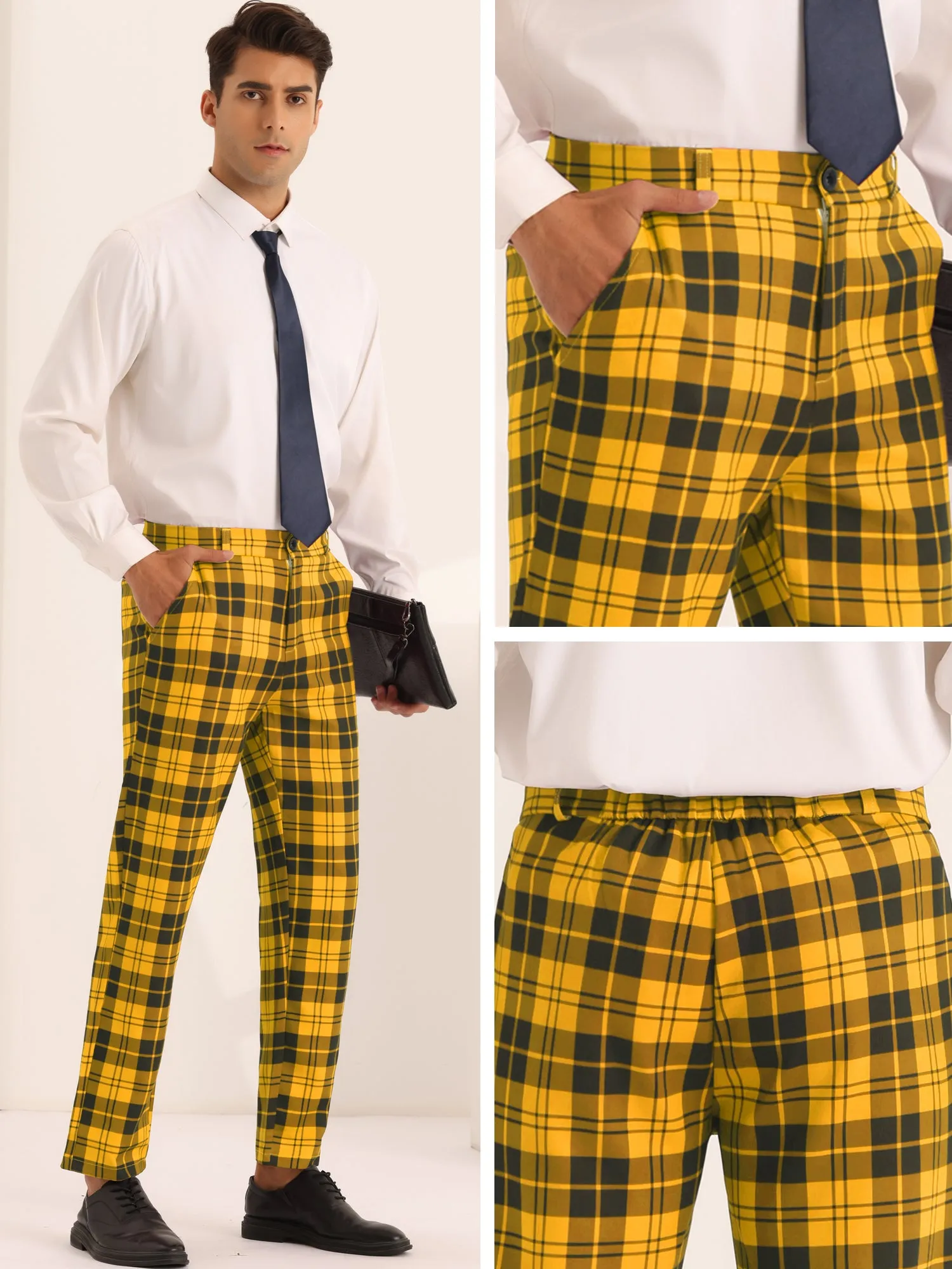 Plaid Dress Pants for Men's Slim Fit Flat Front Business Checked Suit Trousers