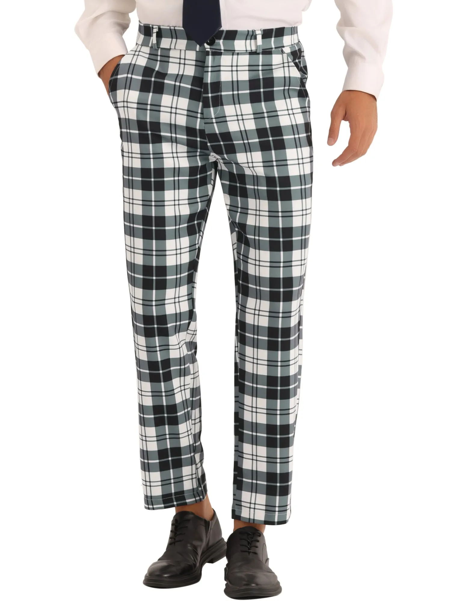 Plaid Dress Pants for Men's Slim Fit Flat Front Business Checked Suit Trousers