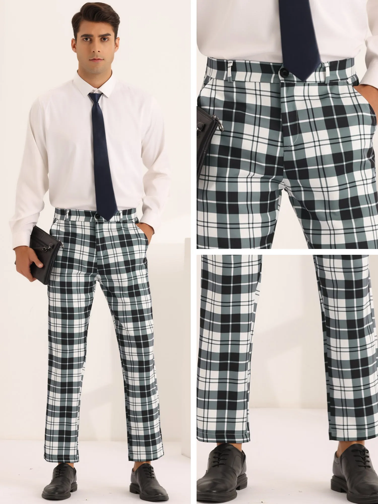 Plaid Dress Pants for Men's Slim Fit Flat Front Business Checked Suit Trousers