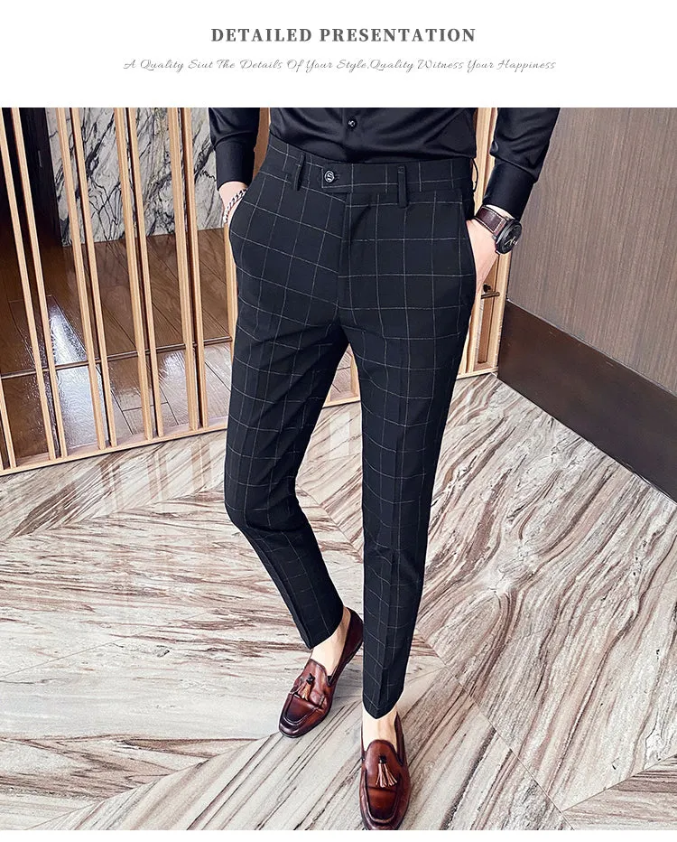 Plaid Suit Pans Men British Casual Slim Fit Formal Pants