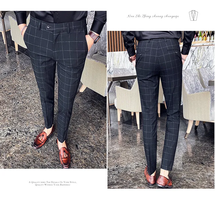 Plaid Suit Pans Men British Casual Slim Fit Formal Pants