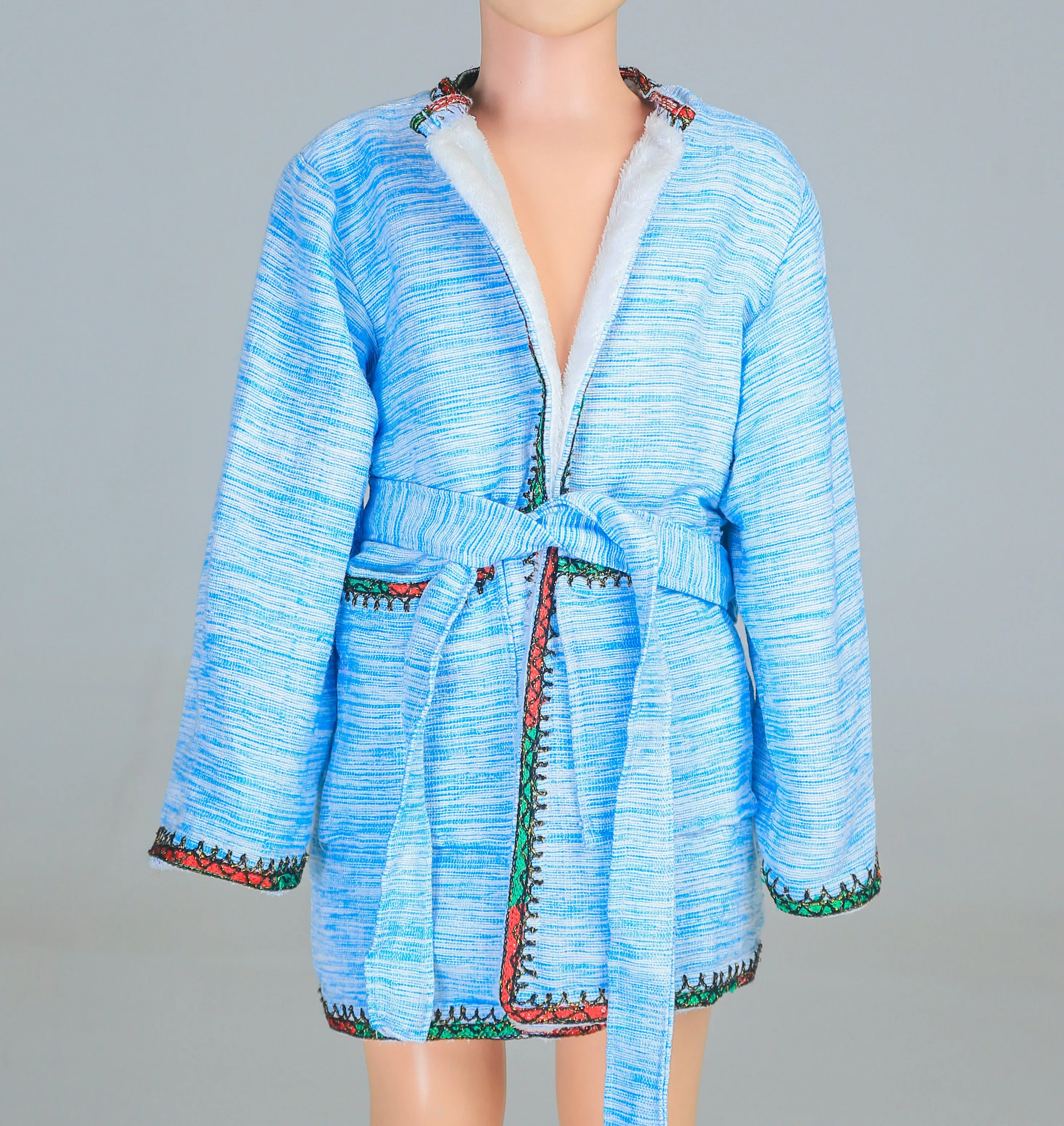 Short Collar Thankful Hands Embroidery Handmade Cotten Night Robe