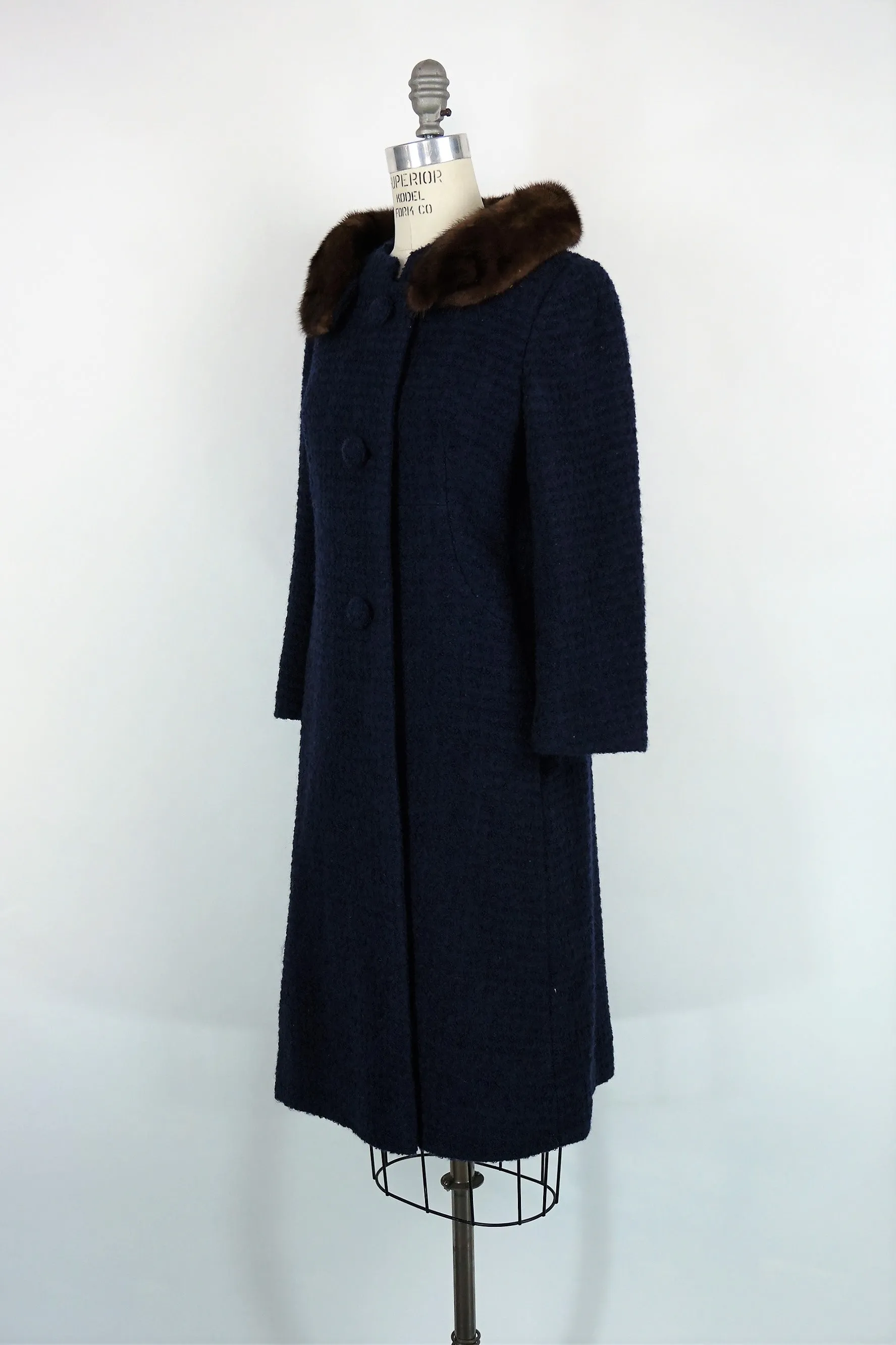 Vintage 1960s Navy Blue Wool Coat With Fur Collar