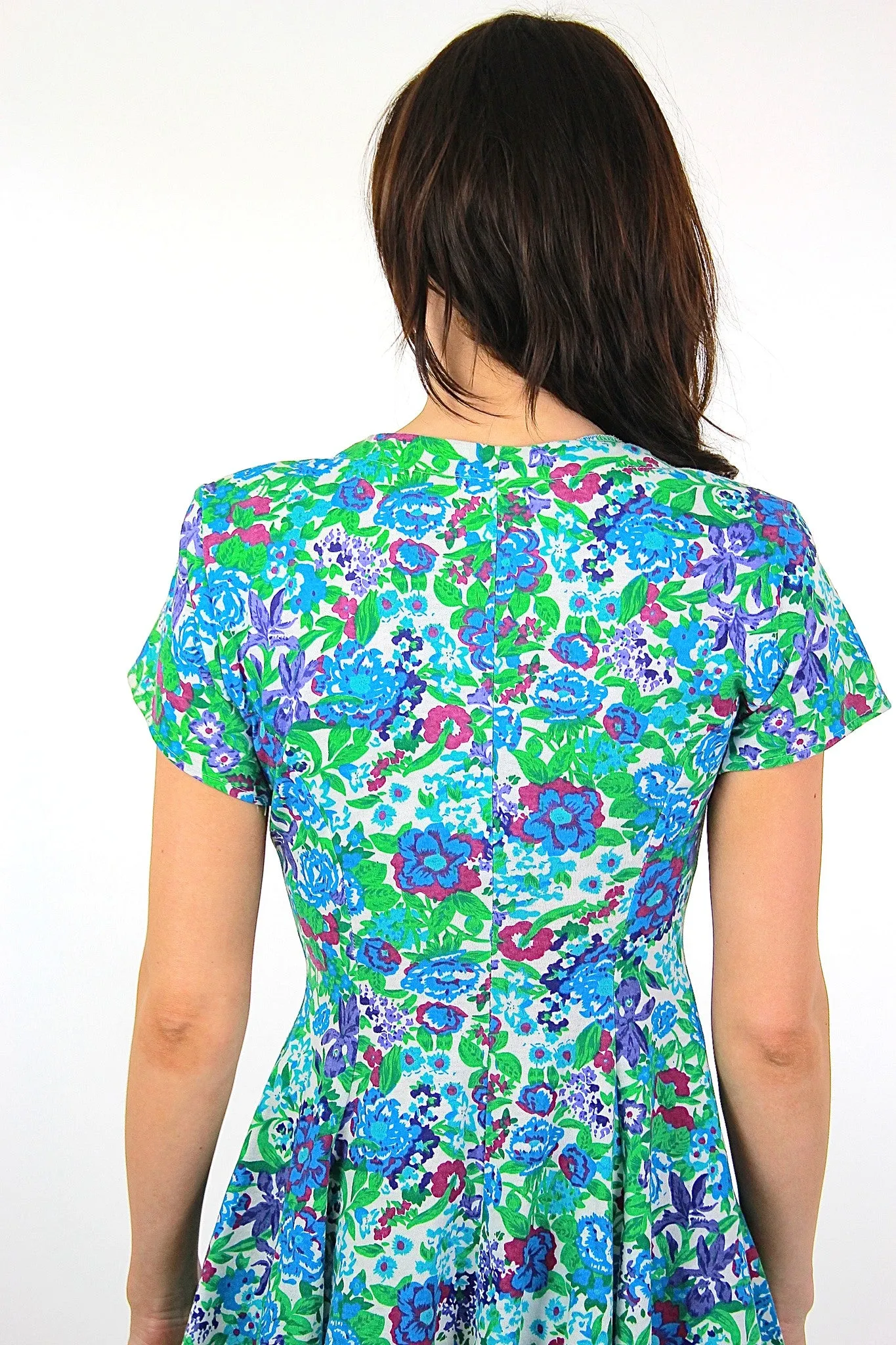 Vintage 80s blue floral  abstract grunge skater cotton  mini dress Medium