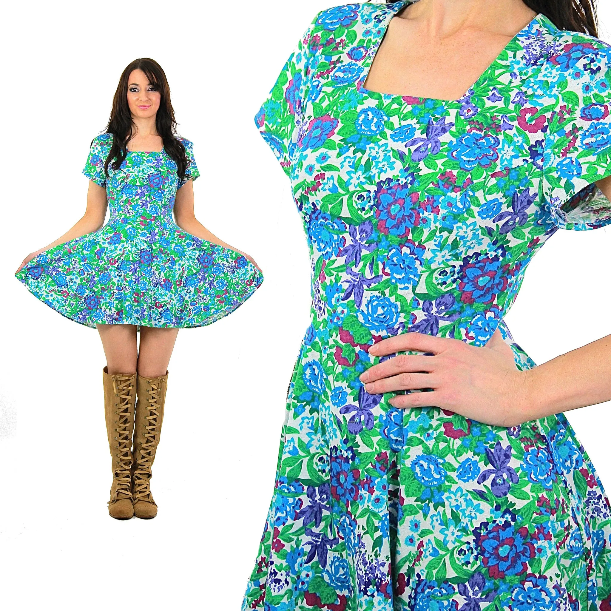 Vintage 80s blue floral  abstract grunge skater cotton  mini dress Medium
