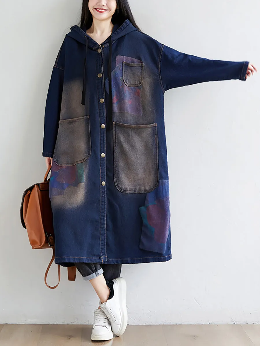 Women Spring Wron Print Splced Denim Hooded Coat