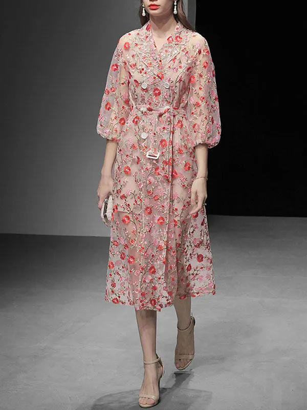 Women's Coat Flower Embroidered Lace Sheer Vintage Coat With Belt