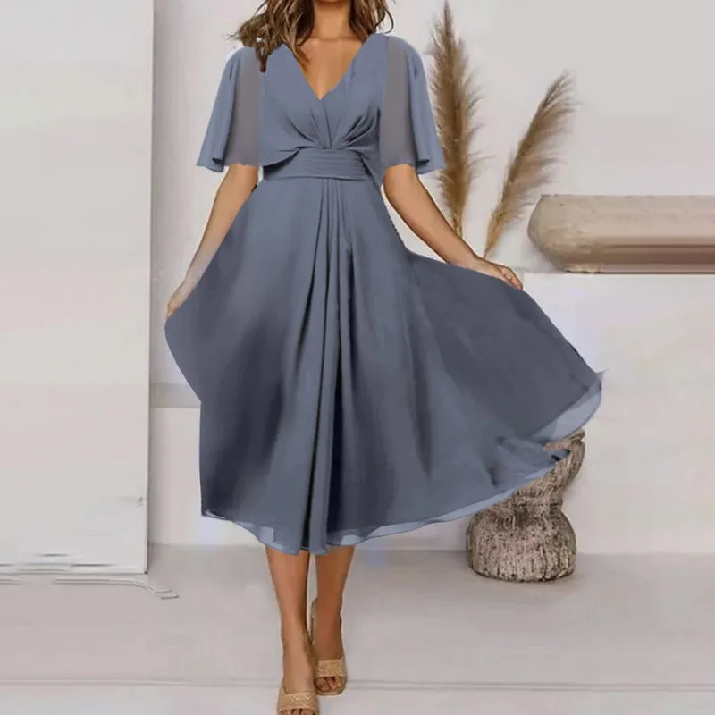 Women’s Elegant V-Neck Chiffon Formal Dress with Short Flutter Sleeves