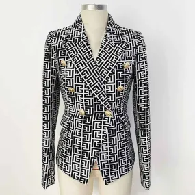 Women's Golden Lion Buttons Maze Pattern Fitted Blazer Jacket