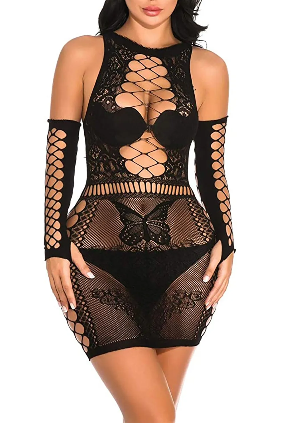 Xs and Os Women's Fishnet Babydoll Lingerie with Sleeves